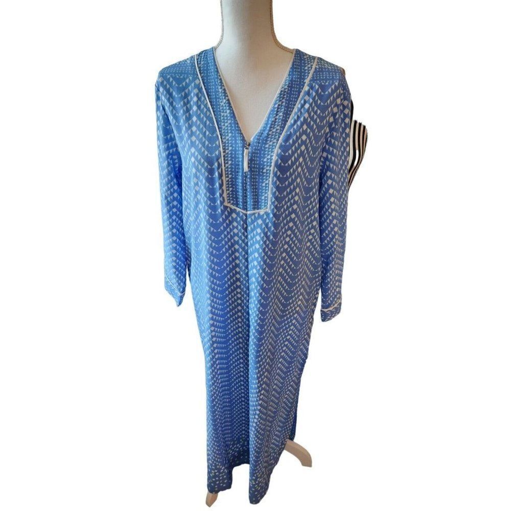 Oscar De La Renta Blue Robe Pink Label Kaftan House Dress Maxi S
